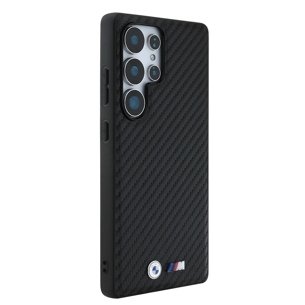 BMW Galaxy S25 Ultra Orjinal Lisanslı Karbon Fiber Tasarımlı ve Metal Logolu PU Deri M-safe Kılıf BMW Galaxy S25 Ultra Orjinal Lisanslı Karbon Fiber Tasarımlı ve Metal Logolu PU Deri M-safe Kılıf